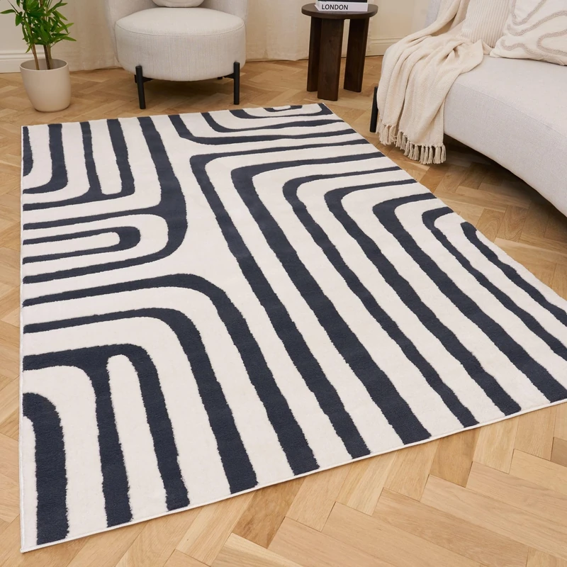 THE RUGS Living Room Rug, Loft Collection – Modern Textured 14mm Soft Pile Area Carpet, Non-Shedding & Easy Care [ Geometric Blue, 120x170 cm]