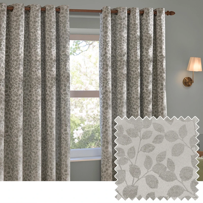furn. Wylder Grace Leaf Eyelet Curtain Pair – Matt Satin Jacquard Room Darkening Curtains (Mist Grey – Width 117 x Drop 183cm)