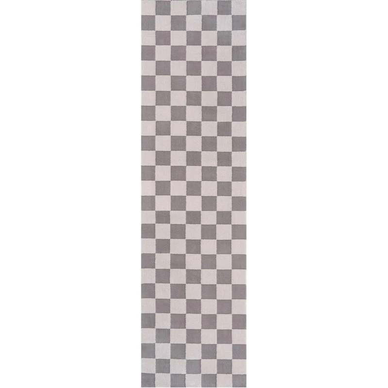 THE RUGS Living Room Rug, Loft Collection – Modern Textured 14mm Soft Pile Area Carpet, Non-Shedding & Easy Care [ Checkerboard Grey, 80x300 cm]