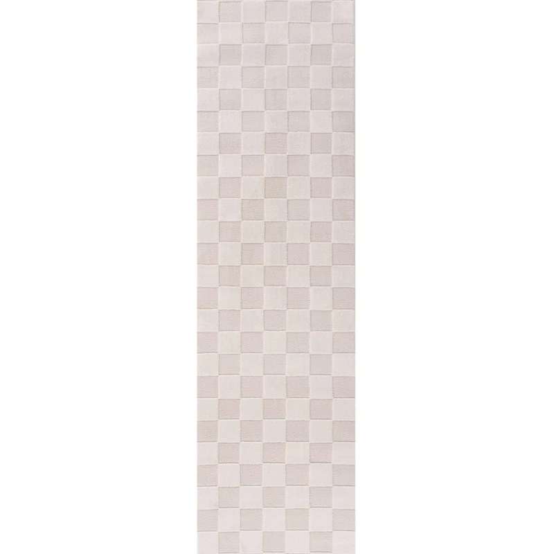 THE RUGS Living Room Rug, Loft Collection – Modern Textured 14mm Soft Pile Area Carpet, Non-Shedding & Easy Care [ Checkerboard Cream, 80x300 cm]