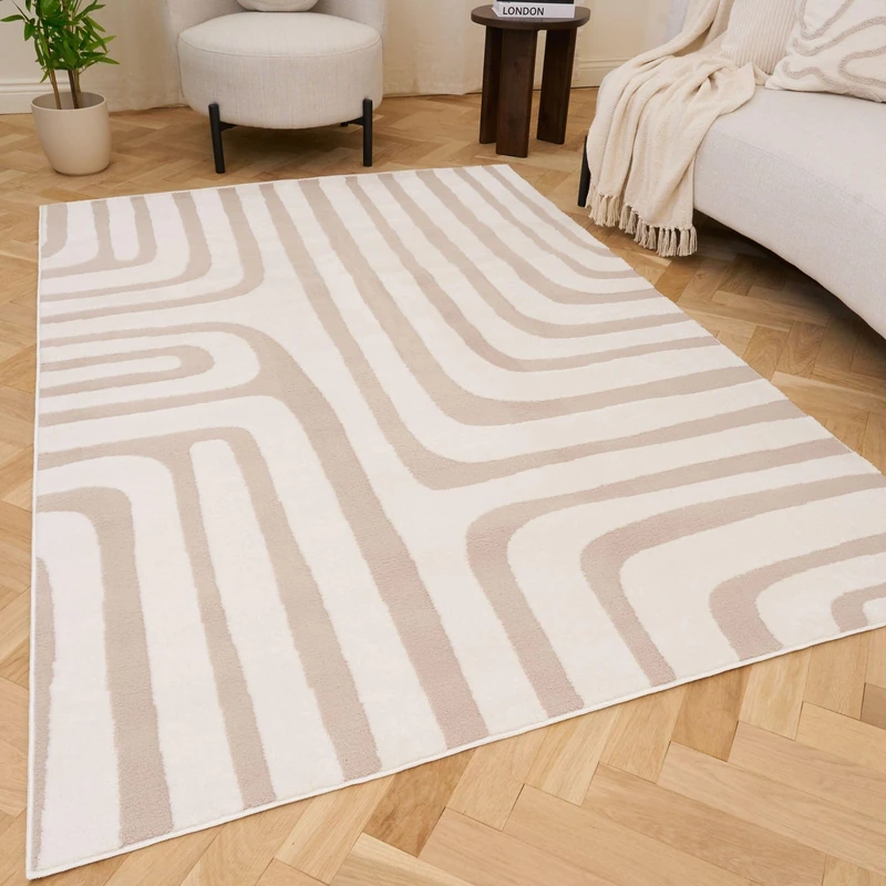 THE RUGS Living Room Rug, Loft Collection – Modern Textured 14mm Soft Pile Area Carpet, Non-Shedding & Easy Care [ Geometric Beige, 120x170 cm]