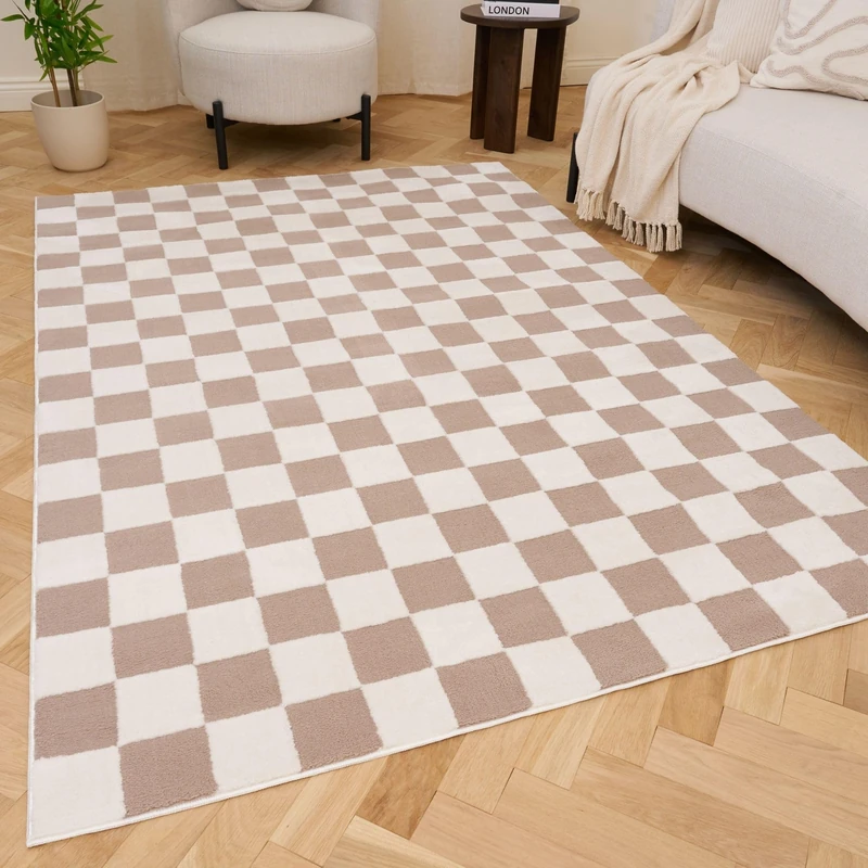THE RUGS Living Room Rug, Loft Collection – Modern Textured 14mm Soft Pile Area Carpet, Non-Shedding & Easy Care [ Checkerboard Beige, 200x290 cm]