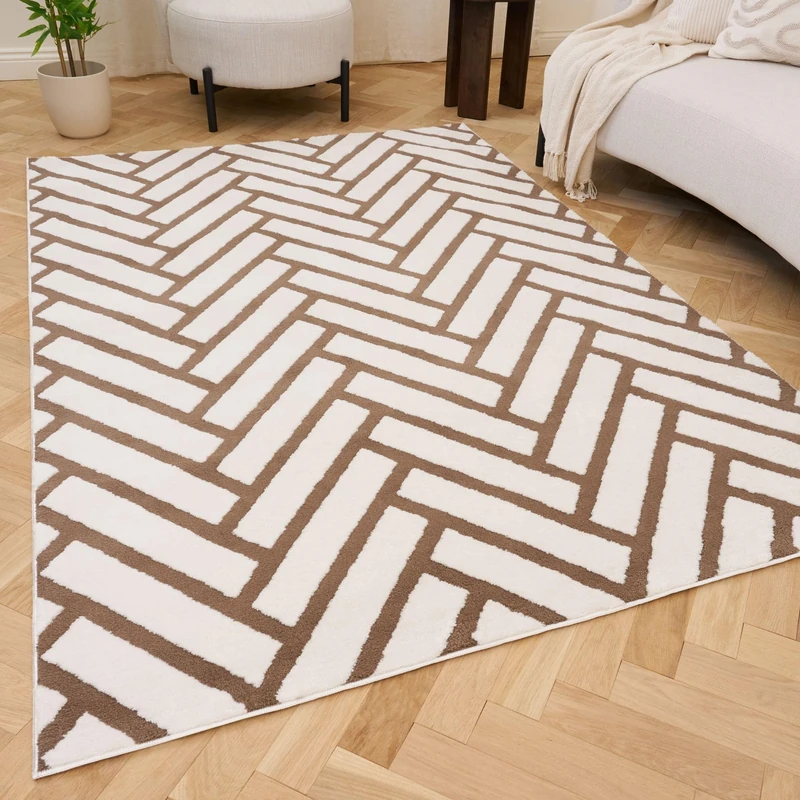 THE RUGS Living Room Rug, Loft Collection – Modern Textured 14mm Soft Pile Area Carpet, Non-Shedding & Easy Care [ Chevron Brown, 120x170 cm]