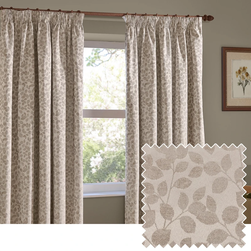 furn. Wylder Grace Leaf Pencil Pleat Curtain Pair – Matt Satin Jacquard Room Darkening Curtains (Natural – Width 168 x Drop 137cm)
