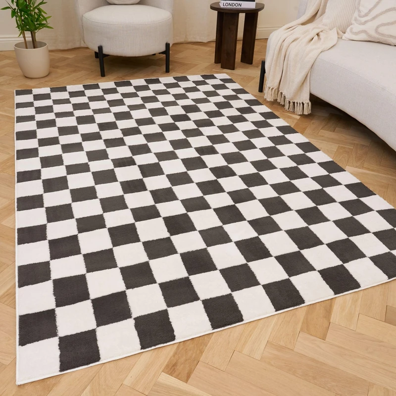 THE RUGS Living Room Rug, Loft Collection – Modern Textured 14mm Soft Pile Area Carpet, Non-Shedding & Easy Care [ Checkerboard Dark Grey, 200x290 cm]
