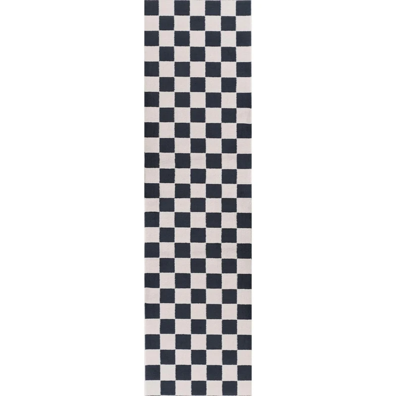 THE RUGS Living Room Rug, Loft Collection – Modern Textured 14mm Soft Pile Area Carpet, Non-Shedding & Easy Care [ Checkerboard Blue, 80x300 cm]
