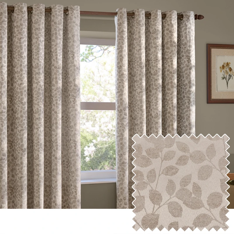 furn. Wylder Grace Leaf Eyelet Curtain Pair – Matt Satin Jacquard Room Darkening Curtains (Natural – Width 229 x Drop 183cm)