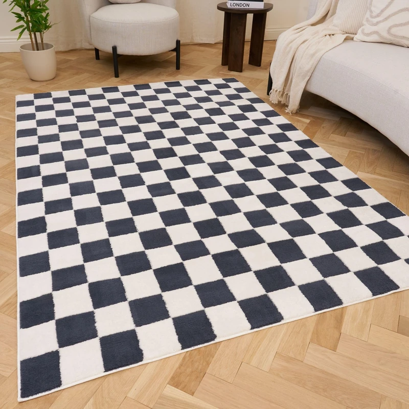 THE RUGS Living Room Rug, Loft Collection – Modern Textured 14mm Soft Pile Area Carpet, Non-Shedding & Easy Care [ Checkerboard Blue, 200x290 cm]