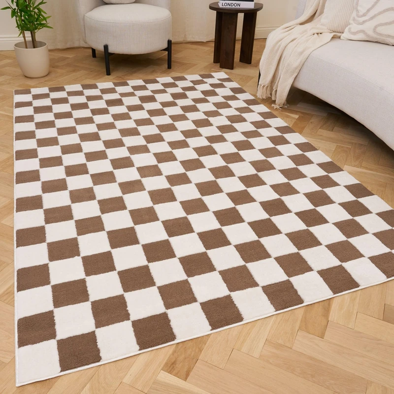 THE RUGS Living Room Rug, Loft Collection – Modern Textured 14mm Soft Pile Area Carpet, Non-Shedding & Easy Care [ Checkerboard Brown, 240x340 cm]