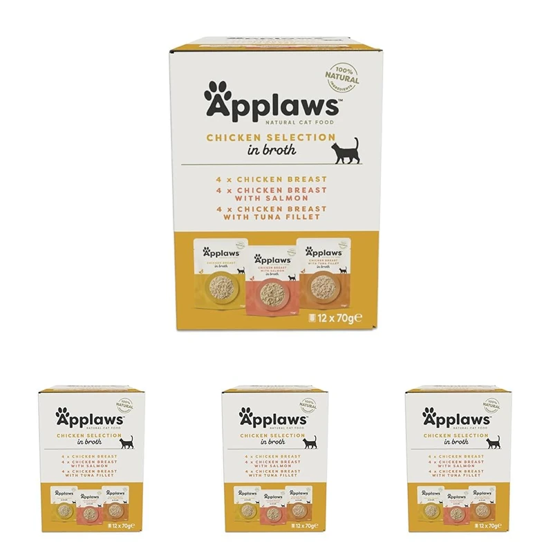 Applaws 100% Natural Wet Cat Food, Pouch Multipack Chicken Selection in Broth, 70 g (12 x 70 g Pouches) (Pack of 4)
