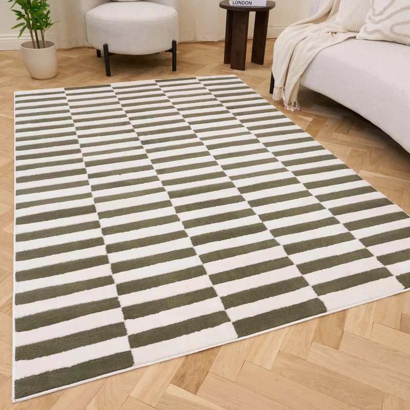 THE RUGS Living Room Rug, Loft Collection – Modern Textured 14mm Soft Pile Area Carpet, Non-Shedding & Easy Care [ Block Stripe Green, 200x290 cm]
