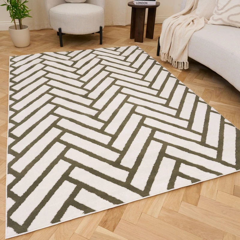 THE RUGS Living Room Rug, Loft Collection – Modern Textured 14mm Soft Pile Area Carpet, Non-Shedding & Easy Care [ Chevron Green, 120x170 cm]