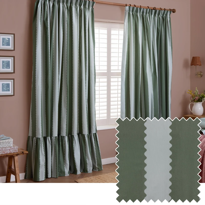 furn. Wylder Birdie Stripe Pencil Pleat Curtain Pair – Ruffled Cotton Striped Room Darkening Curtains (Baygreen/Mist – Width 168 x Drop 183cm)
