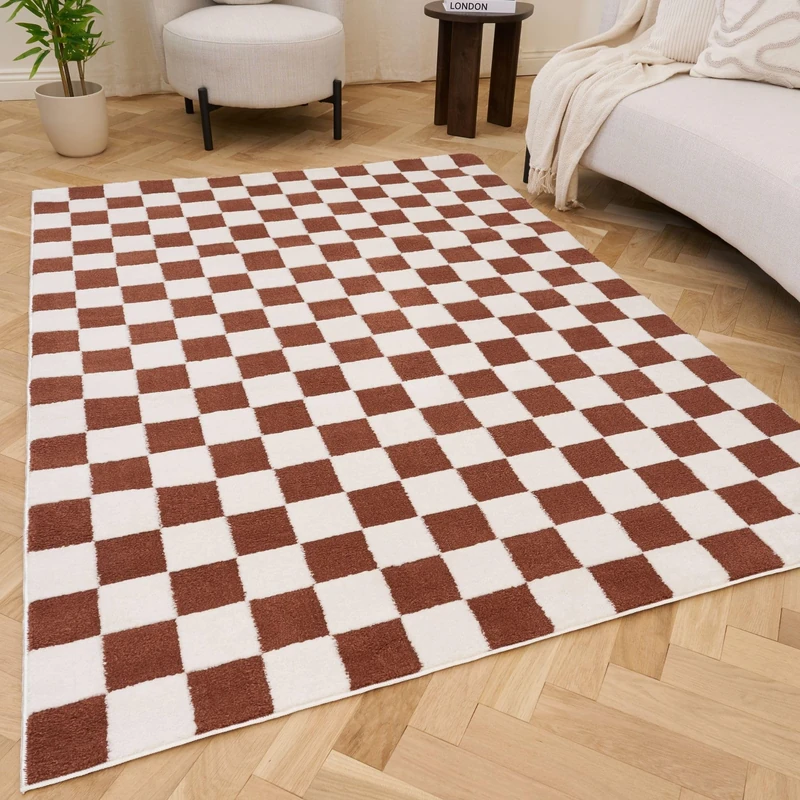 THE RUGS Living Room Rug, Loft Collection – Modern Textured 14mm Soft Pile Area Carpet, Non-Shedding & Easy Care [ Checkerboard Terra, 160x230 cm]