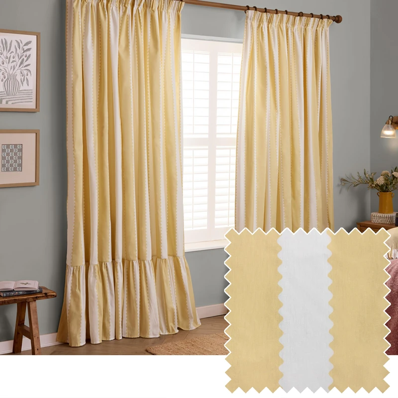 furn. Wylder Birdie Stripe Pencil Pleat Curtain Pair – Ruffled Cotton Striped Room Darkening Curtains (Butter Yellow – Width 229 x Drop 137cm)