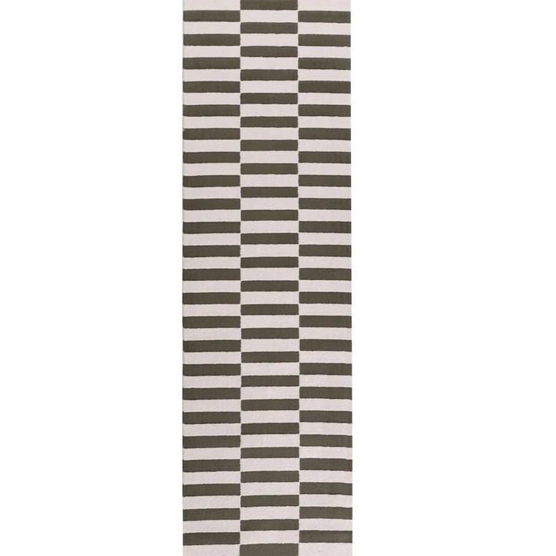 THE RUGS Living Room Rug, Loft Collection – Modern Textured 14mm Soft Pile Area Carpet, Non-Shedding & Easy Care [ Block Stripe Green, 80x300 cm]