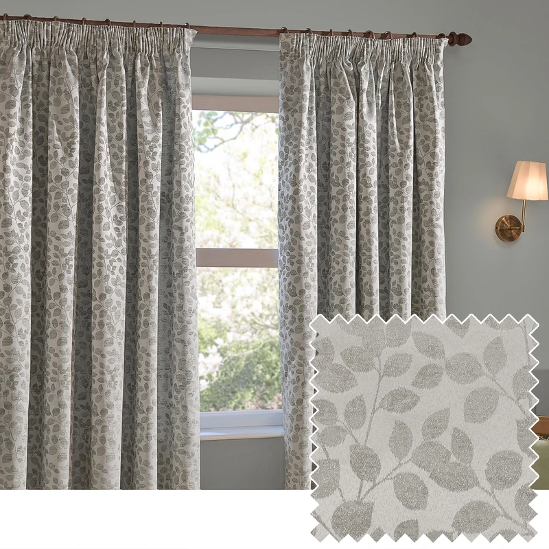 furn. Wylder Grace Leaf Pencil Pleat Curtain Pair – Matt Satin Jacquard Room Darkening Curtains (Mist Grey – Width 117 x Drop 137cm)