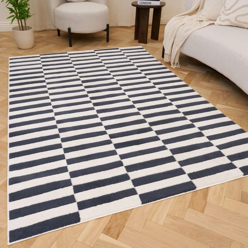 THE RUGS Living Room Rug, Loft Collection – Modern Textured 14mm Soft Pile Area Carpet, Non-Shedding & Easy Care [ Block Stripe Blue, 120x170 cm]