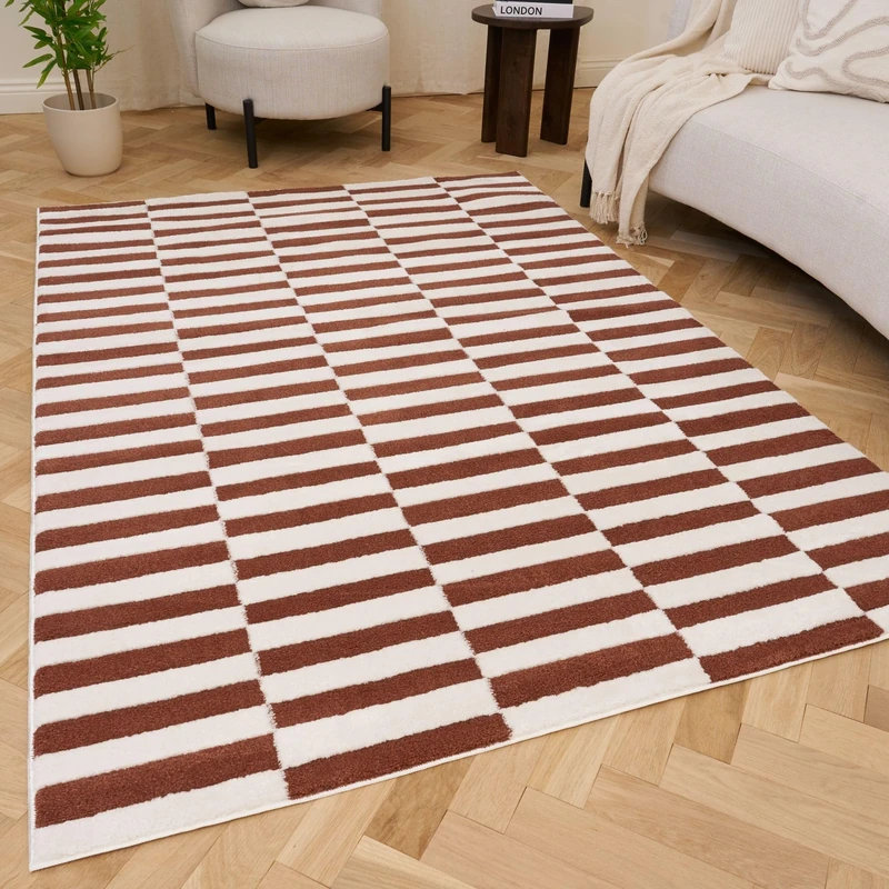 THE RUGS Living Room Rug, Loft Collection – Modern Textured 14mm Soft Pile Area Carpet, Non-Shedding & Easy Care [ Block Stripe Terra, 120x170 cm]