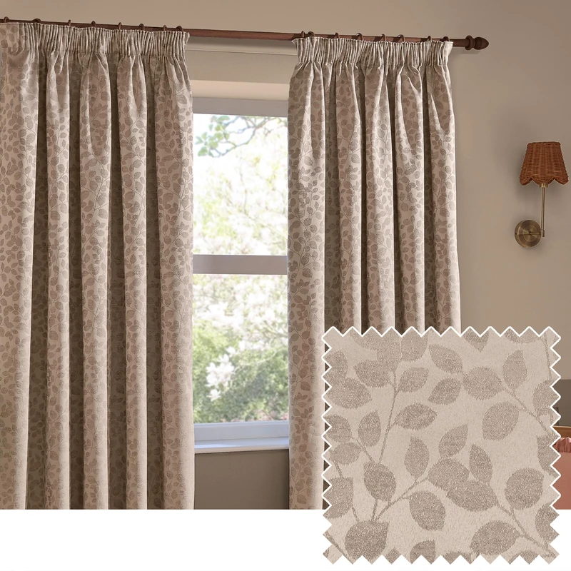 furn. Wylder Grace Leaf Pencil Pleat Curtain Pair – Matt Satin Jacquard Room Darkening Curtains (Taupe – Width 117 x Drop 183cm)
