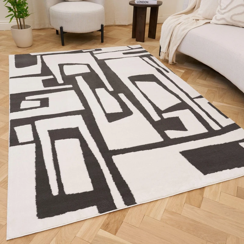 THE RUGS Living Room Rug, Loft Collection – Modern Textured 14mm Soft Pile Area Carpet, Non-Shedding & Easy Care [ Abstract Dark Grey, 200x290 cm]