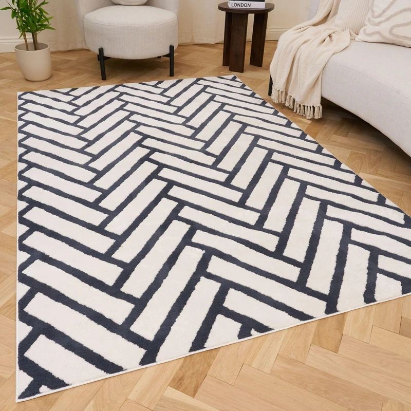 THE RUGS Living Room Rug, Loft Collection – Modern Textured 14mm Soft Pile Area Carpet, Non-Shedding & Easy Care [ Chevron Blue, 200x290 cm]