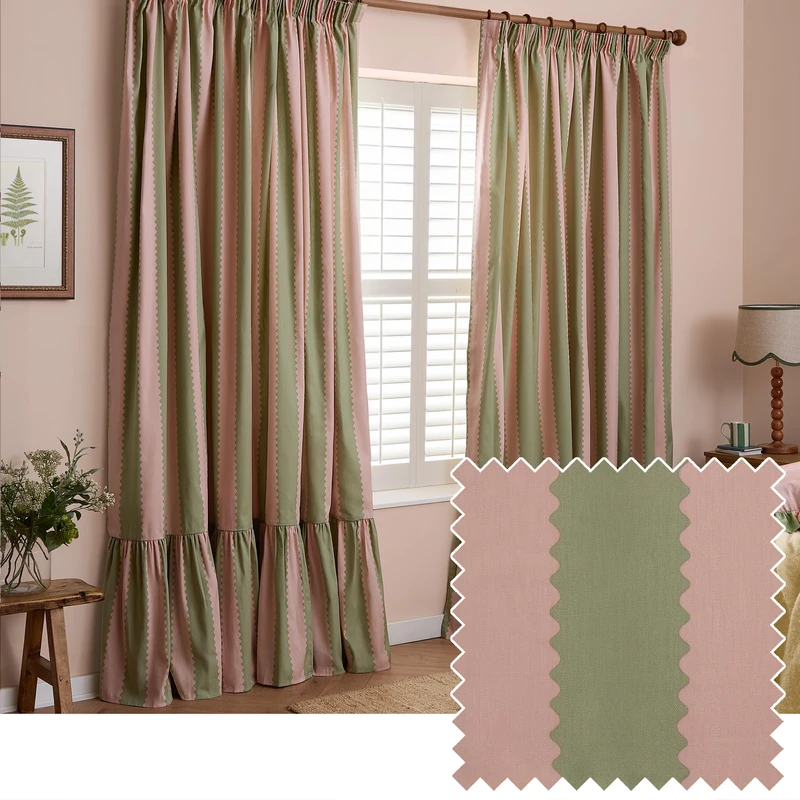 furn. Wylder Birdie Stripe Pencil Pleat Curtain Pair – Ruffled Cotton Striped Room Darkening Curtains (Pink/Green – Width 229 x Drop 183cm)