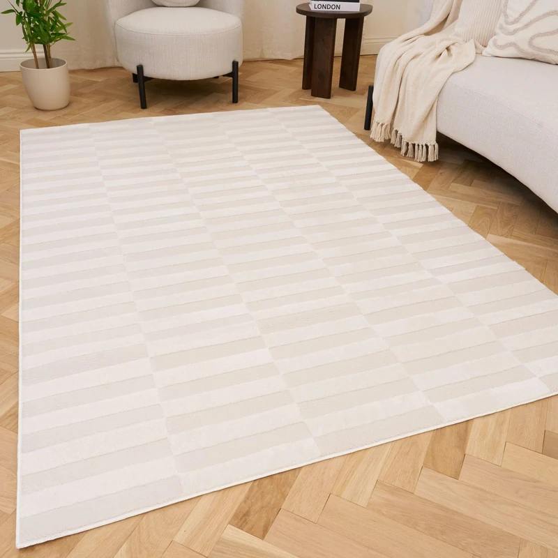 THE RUGS Living Room Rug, Loft Collection – Modern Textured 14mm Soft Pile Area Carpet, Non-Shedding & Easy Care [ Block Stripe Cream, 160x230 cm]