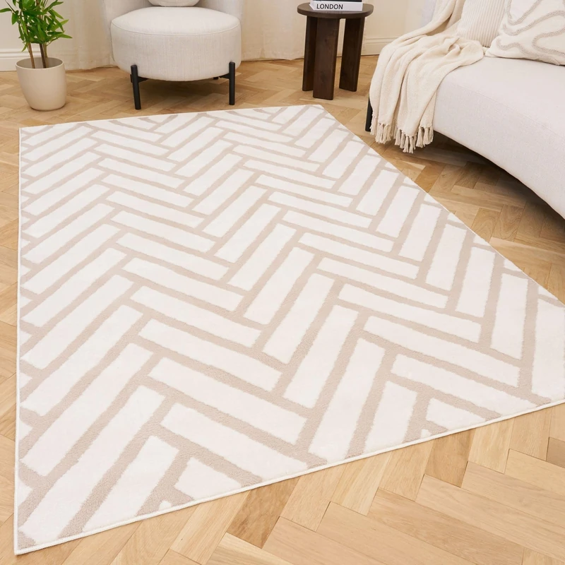 THE RUGS Living Room Rug, Loft Collection – Modern Textured 14mm Soft Pile Area Carpet, Non-Shedding & Easy Care [ Chevron Beige, 160x230 cm]