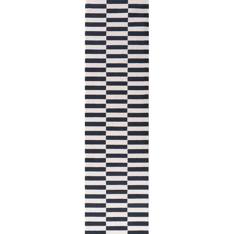 THE RUGS Living Room Rug, Loft Collection – Modern Textured 14mm Soft Pile Area Carpet, Non-Shedding & Easy Care [ Block Stripe Blue, 80x300 cm]