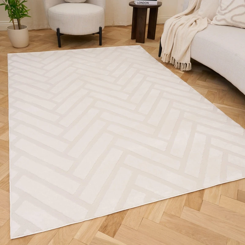 THE RUGS Living Room Rug, Loft Collection – Modern Textured 14mm Soft Pile Area Carpet, Non-Shedding & Easy Care [ Chevron Cream, 120x170 cm]