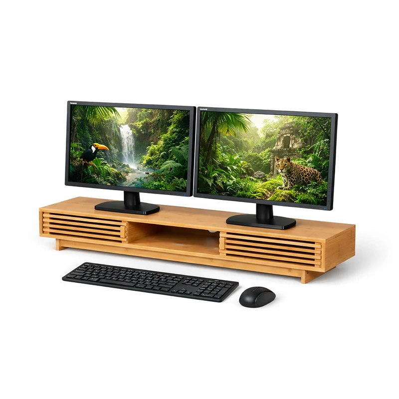 Relaxdays Monitor Riser for 2 Monitors, 3 Compartments, Bamboo Natural, 14 x 96.5 x 24.5 cm - Image 1