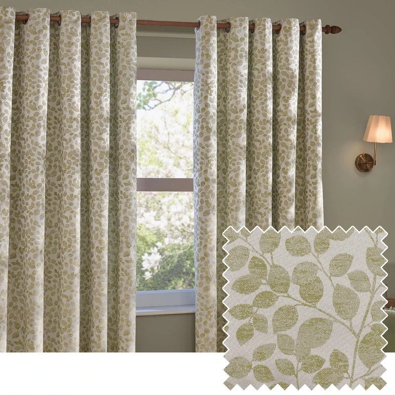 furn. Wylder Grace Leaf Eyelet Curtain Pair – Matt Satin Jacquard Room Darkening Curtains (Sage – Width 117 x Drop 137cm)