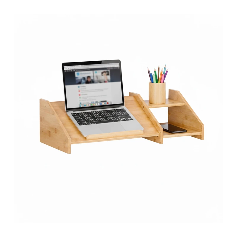 Relaxdays Bamboo Laptop Stand with 2 Shelves, 17.5 x 61 x 26.5 cm, Office & Home Use, Natural - Image 1