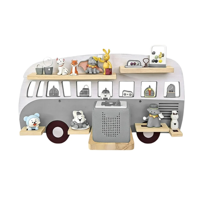 Relaxdays Toniebox Shelf, Magnetic, Holds 25 Tonies & Box, Bus Design, 32x62x13 cm, Grey