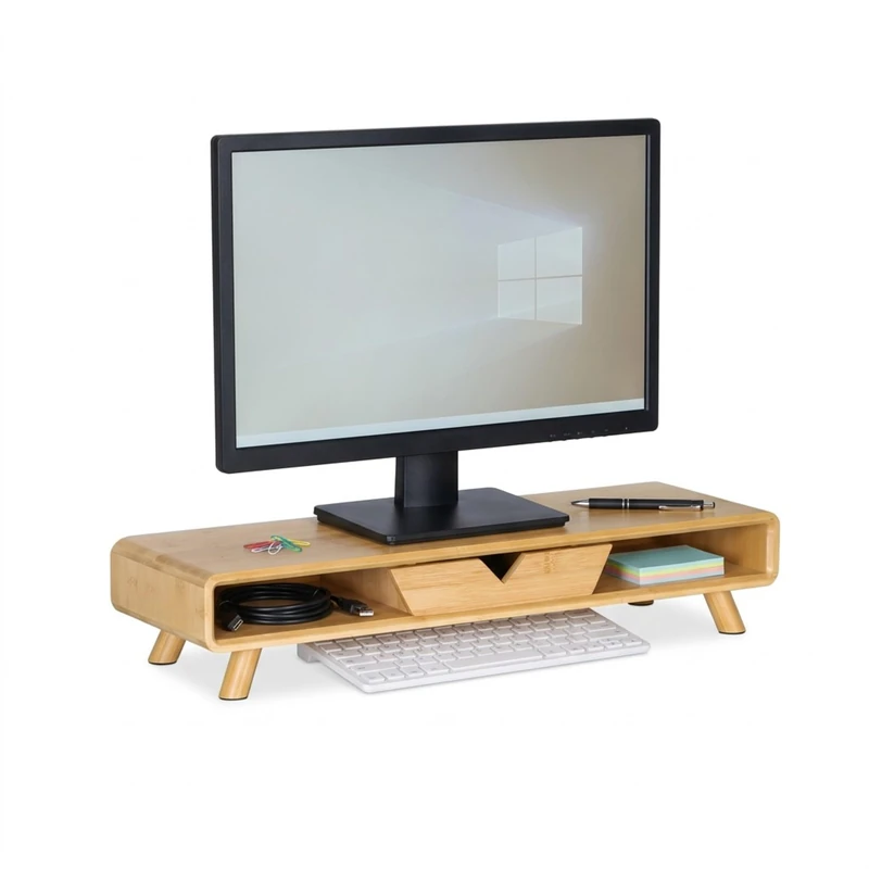 Relaxdays Bamboo Monitor Stand with 2 Compartments and Drawer, 13 x 62 x 20.5 cm, Natural