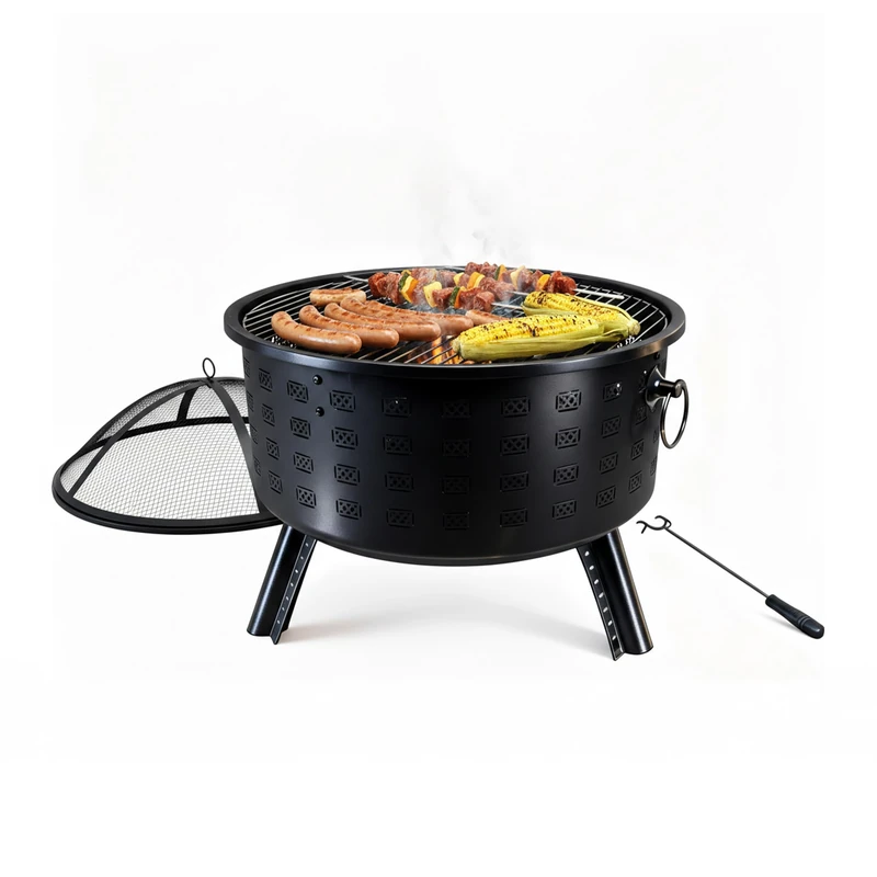 Relaxdays Fire Bowl, HxØ 62 x 66 cm, with Grill Grate, Spark Guard & Poker, Garden Fire Pit, Black