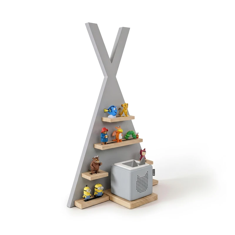 Relaxdays Magnetic Toniebox Shelf, Tent-Shaped for Toniebox & 34 Tonies, 69x49x9 cm, Grey