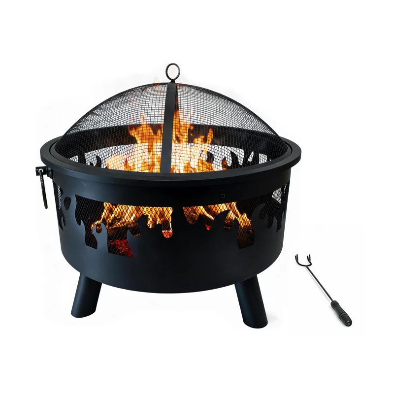 Relaxdays Fire Bowl, Ø 64 cm, Spark Guard, Poker, Steel, Flame Design, Black