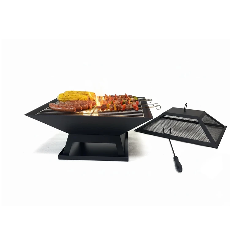 Relaxdays Fire Bowl with Grill Grate, Spark Screen, Poker, Steel, 36x45x45 cm, Black Garden Fire Pit