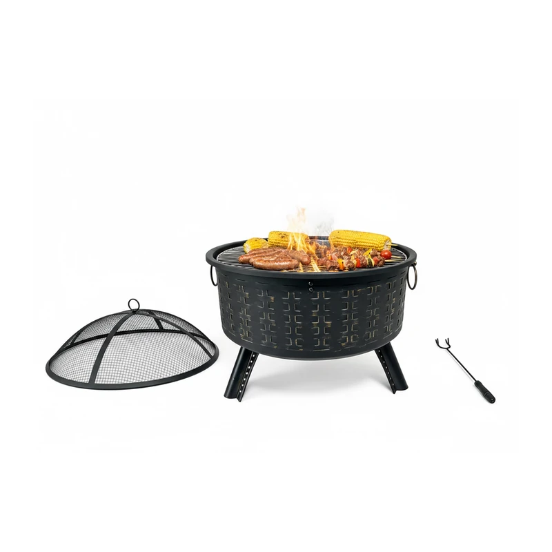 Relaxdays Fire Bowl with Grill Rack, Spark Screen & Poker, Garden Fire Pit, Black, 62 x 66 cm - Image 1