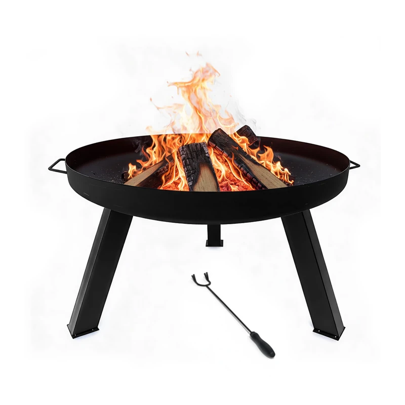 Relaxdays Fire Bowl with Fire Poker, Ø 59 cm, Powder-Coated Steel, Garden & Patio, Black (36 x 64 x 64 cm)