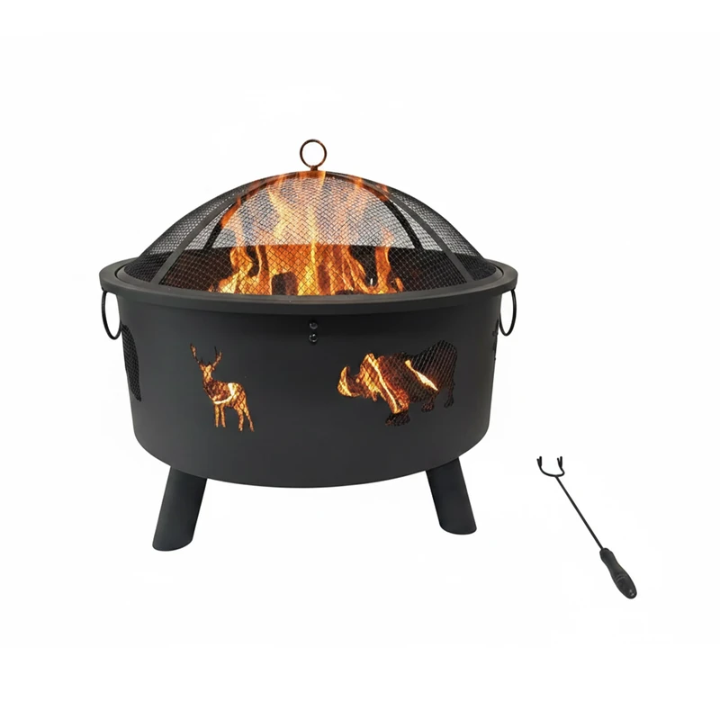 Relaxdays Fire Bowl with Spark Guard, Poker, Animal Design, Steel Garden Fire Pit, Ø 64 cm, Black