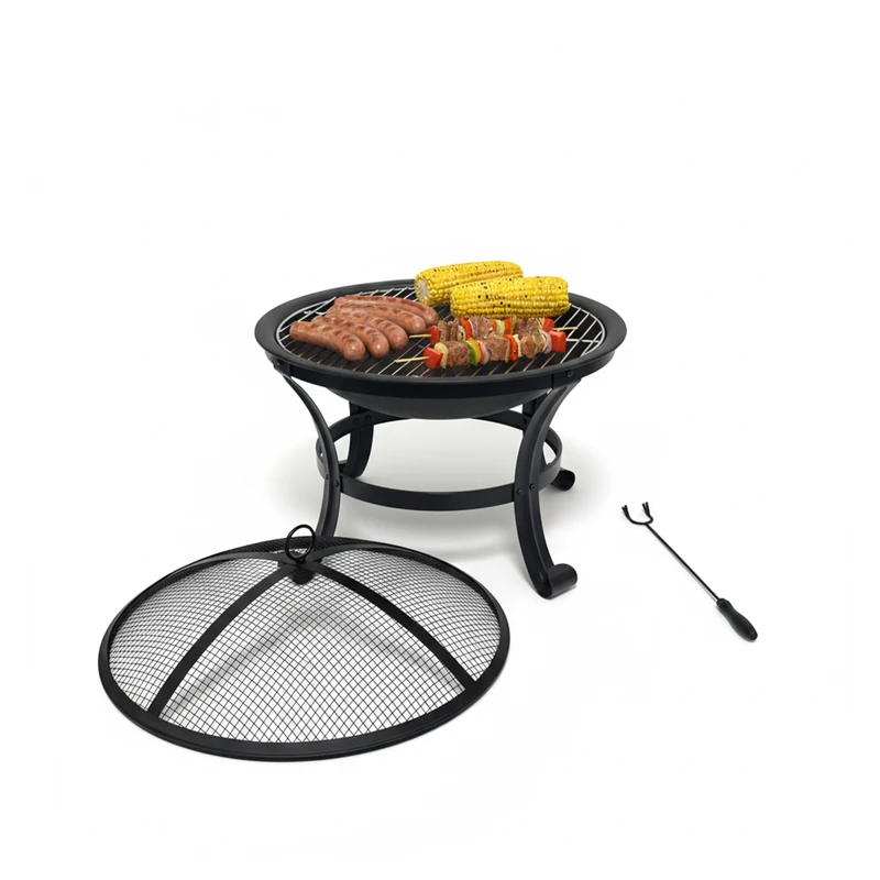 Relaxdays Fire Bowl with Grill Grate, Spark Screen, Poker, Steel, 55 cm Diameter, Black Garden Fire Pit