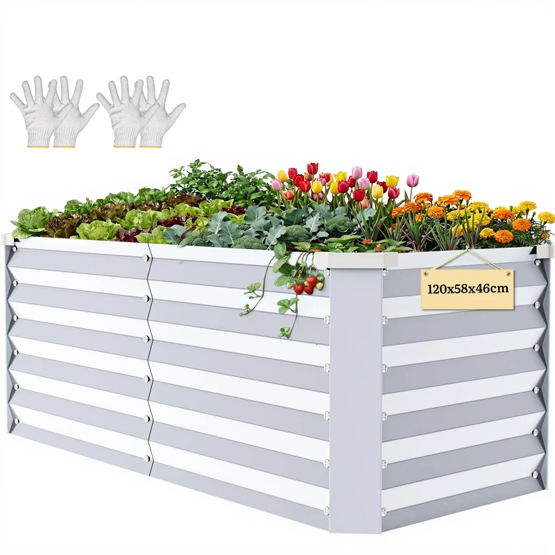 YITAHOME Raised Beds for Garden 120 * 58 * 46cm,Galvanised Steel Plate Metal Raised bed, planters outdoor with Safety Edging for Garden with Support Rod & Gloves for Vegetables Flowers Fruit(Silvery)