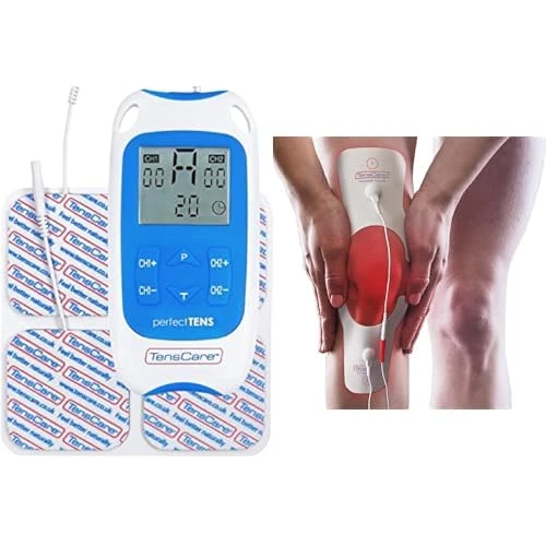 TensCare Perfect TENS + Knee Pain Relief Electrodes - Complete Pain Therapy Set with 2-Channel TENS Device & Strong Adhesive, targeted electrodes