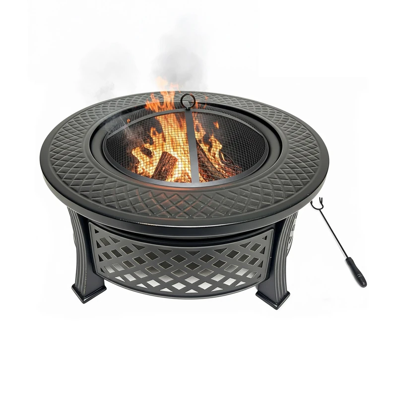 Relaxdays Fire Bowl with Spark Guard and Fire Poker, Steel, 55 cm diameter, Black, Garden and Terrace - Image 1