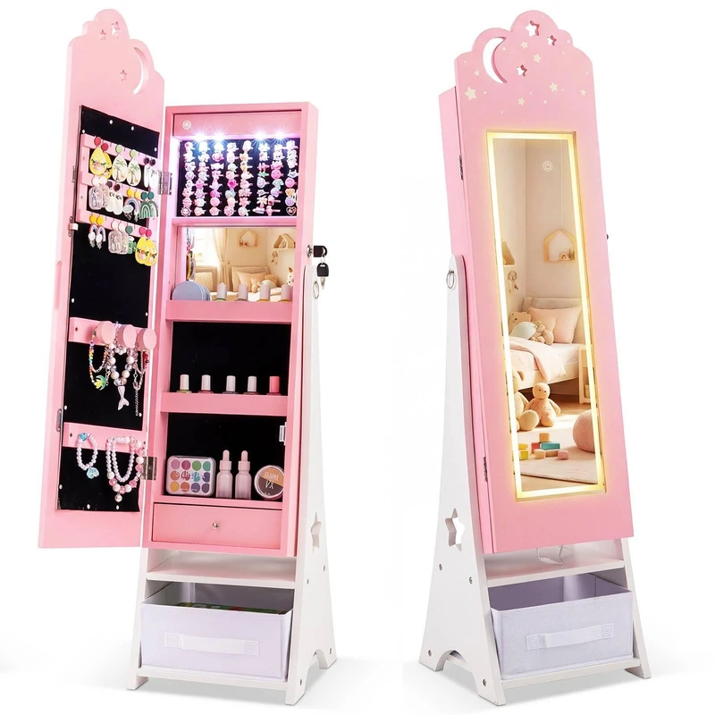SFAREST Kids Jewelry Cabinet, Freestanding Girls Jewelry Organizer with Full-Length Mirror, LED Lights and Foldable Drawer, Wooden Princess Jewelry Armoire for Bedroom (Pink) - Image 1