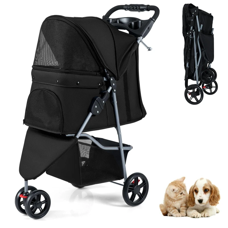 SFAREST Folding Pet Stroller, Portable Pet Travel Pushchair with Adjustable Canopy, 3 Shock-Absorbing Wheels, Storage Basket and Cup Holder, 3 Wheel Pet Travel Carrier for Dogs and Cats (Black)
