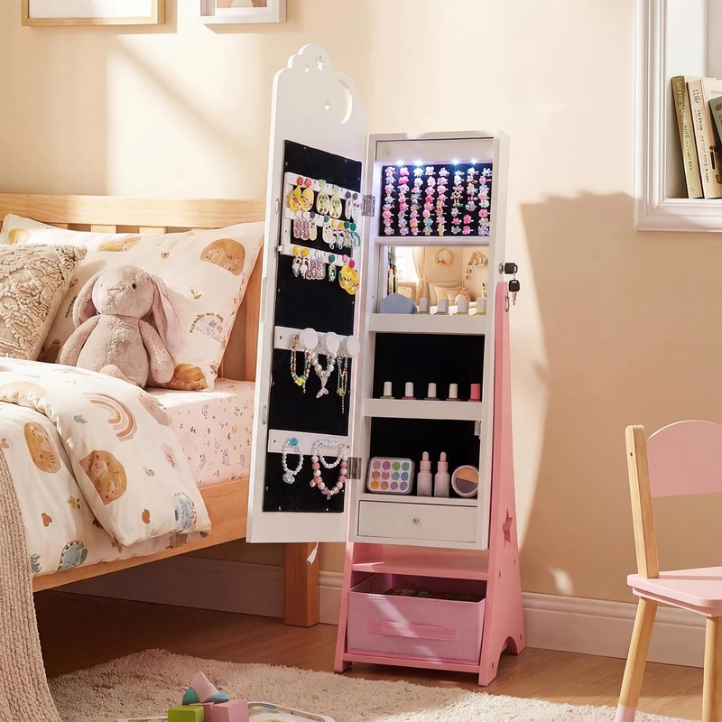 SFAREST Kids Jewelry Cabinet, Freestanding Girls Jewelry Organizer with Full-Length Mirror, LED Lights and Foldable Drawer, Wooden Princess Jewelry Armoire for Bedroom (White)